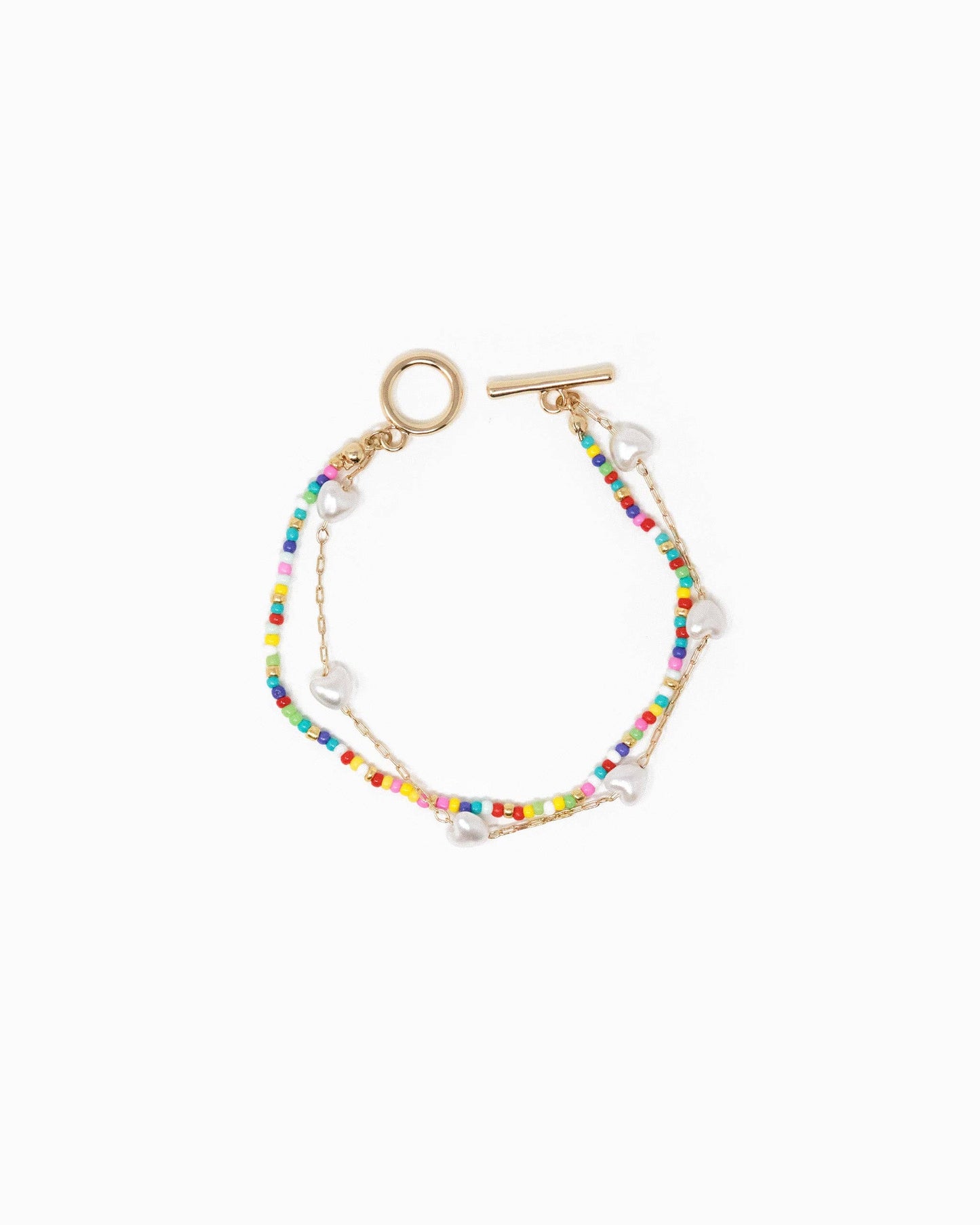 Double Layered Pearl Heart and Rainbow Bead Toggle Bracelet