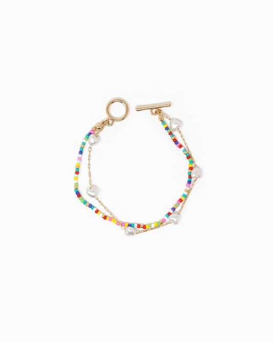 Double Layered Pearl Heart and Rainbow Bead Toggle Bracelet