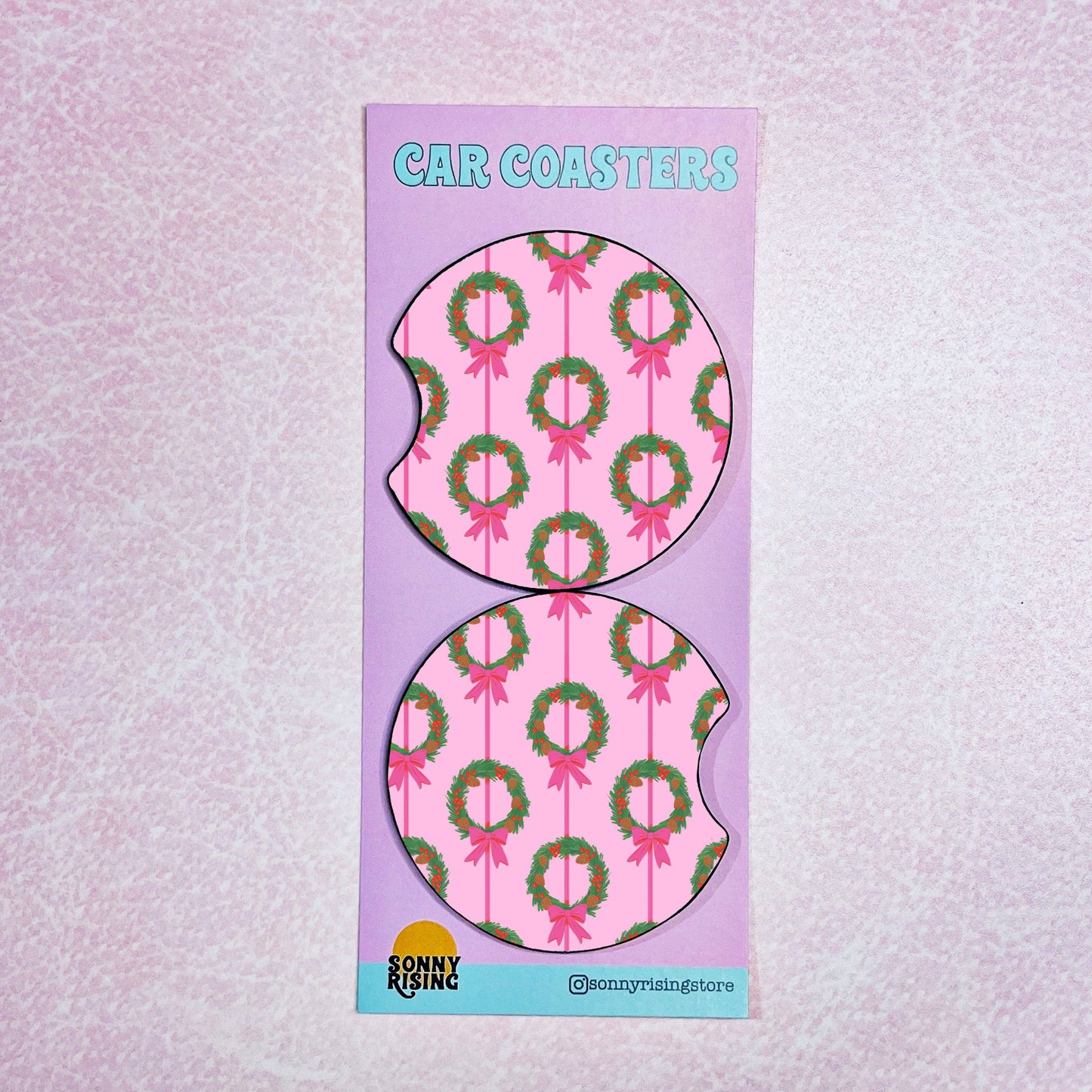2 Car Coasters, Pink Wreath Pattern