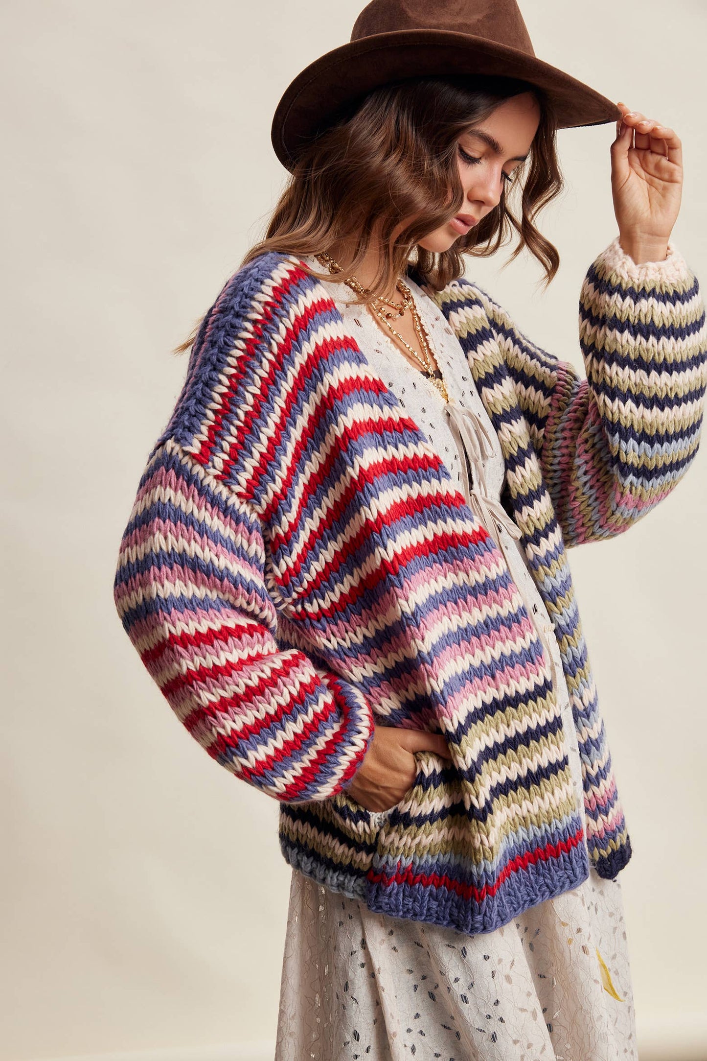 Chunky Multi Stripe Knit Cardigan LSW0731