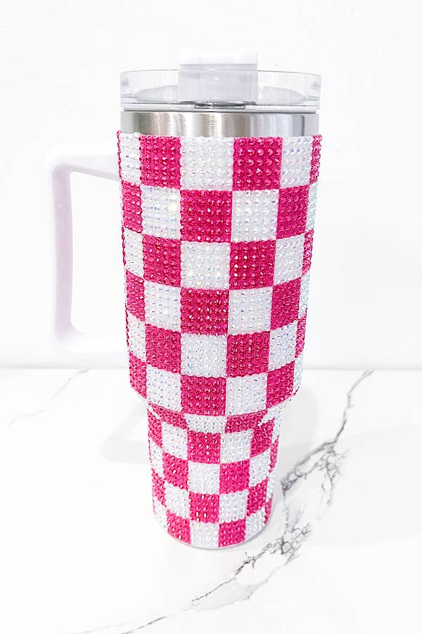 40 oz Hot Pink Check Rhinestone Tumbler