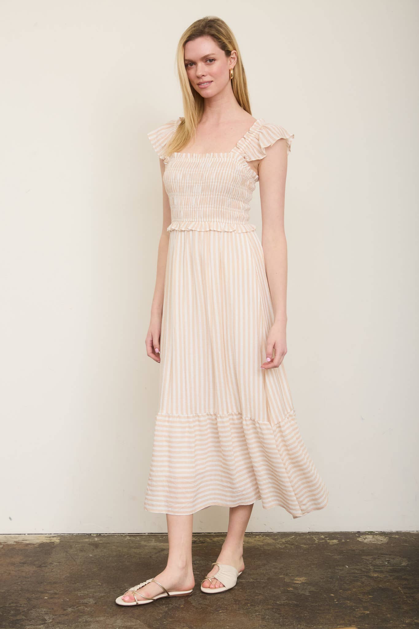 PLUS STRIPE SMOCKED RUFFLE TRIM MIDI DRESS