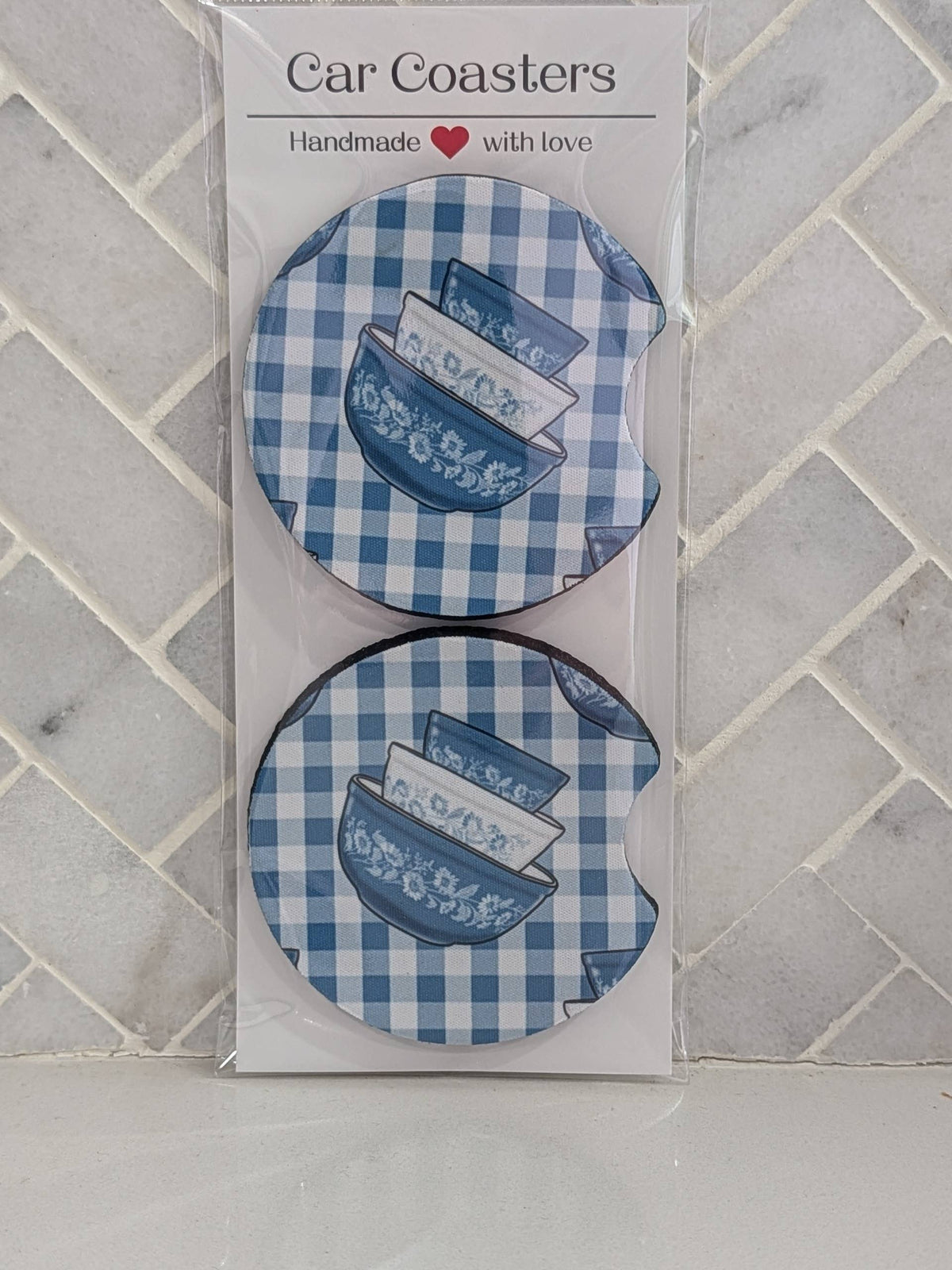 Blue Gingham Vintage Bowl Car Coasters