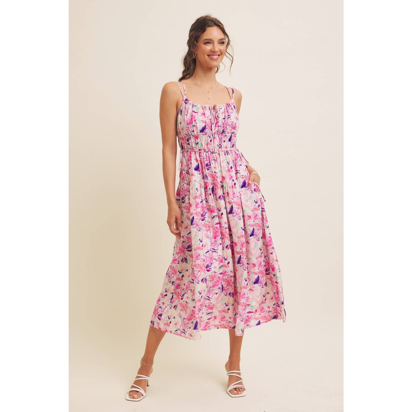 VIBRANT FLORAL PRINT RUCHING CAMI MIDI DRESS