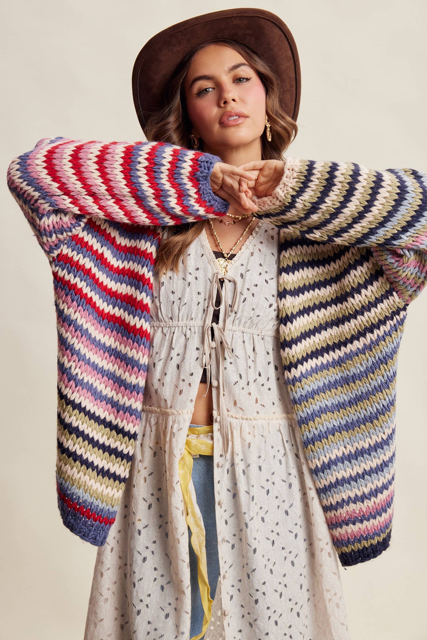 Chunky Multi Stripe Knit Cardigan LSW0731