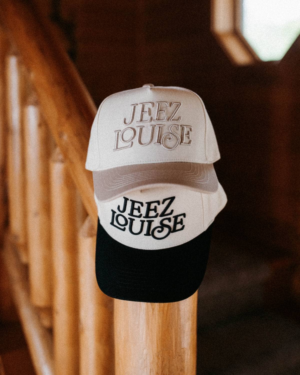 Jeez Louise Unisex Trucker Hat - Khaki & Cream