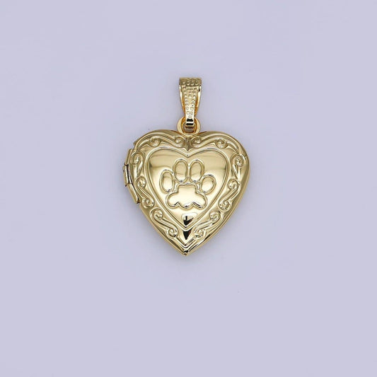 Dog Paw Engraved Heart Locket for Pet Photo Charm