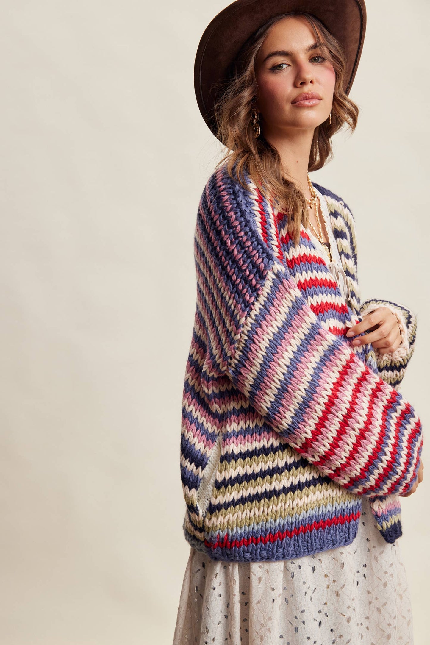 Chunky Multi Stripe Knit Cardigan LSW0731