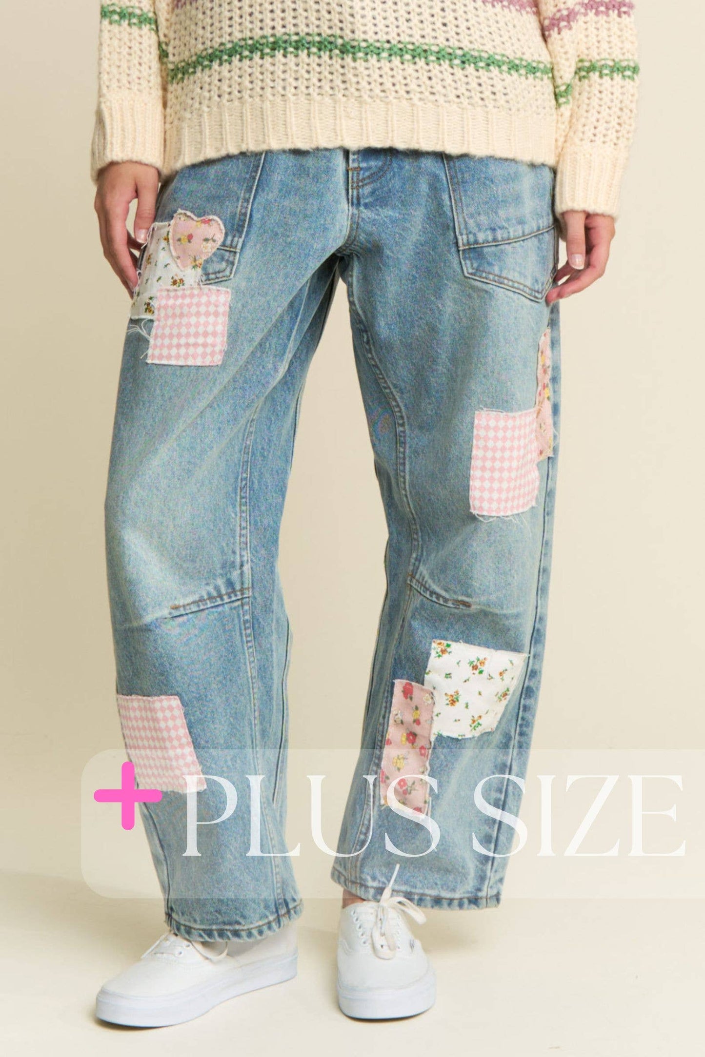 PLUS SIZE ~ MINERAL WASHED PATCHWORK JEANS