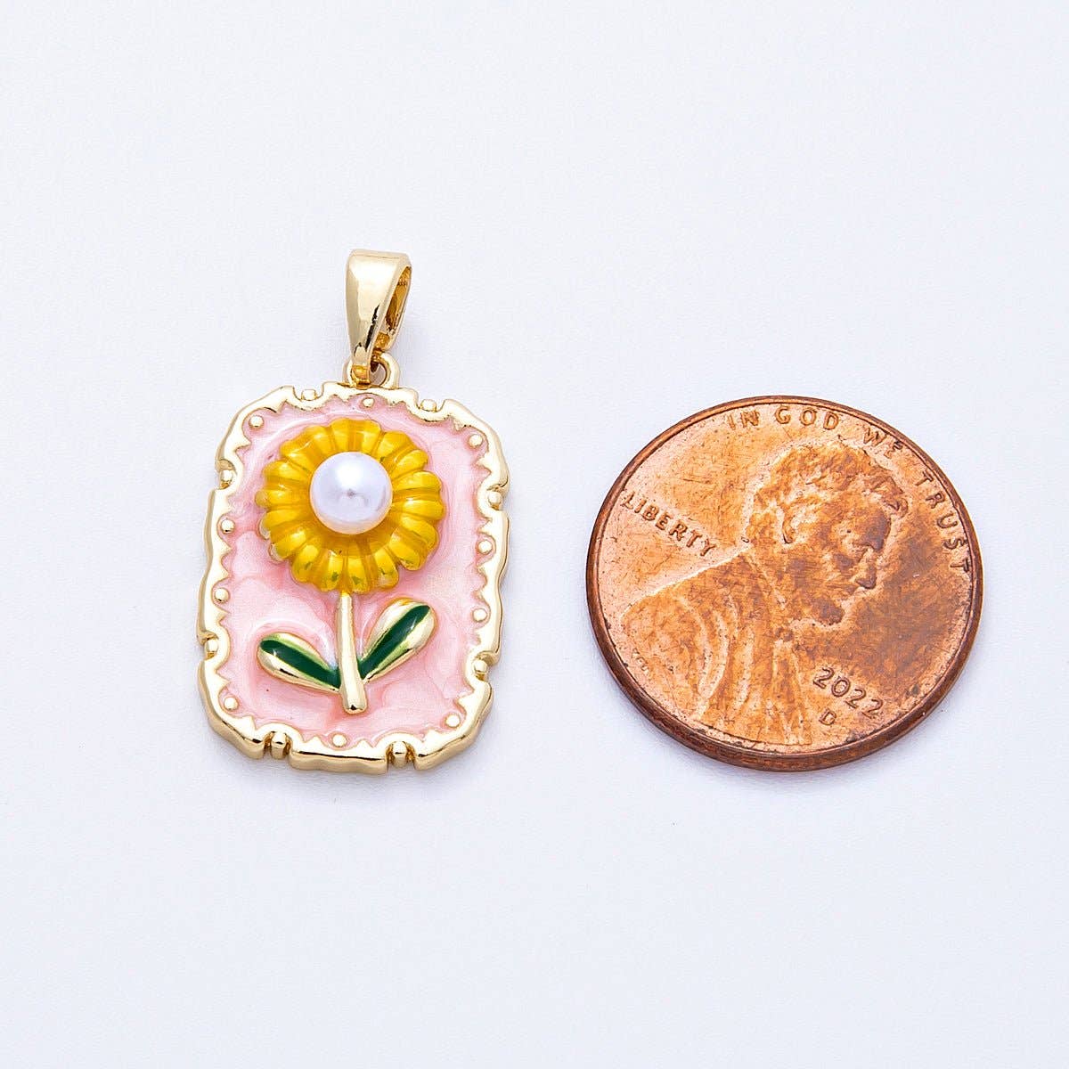 18K Gold Filled 21mm Sunflower Enamel Shell Pearl Rectangle Pendant | Charms-00149