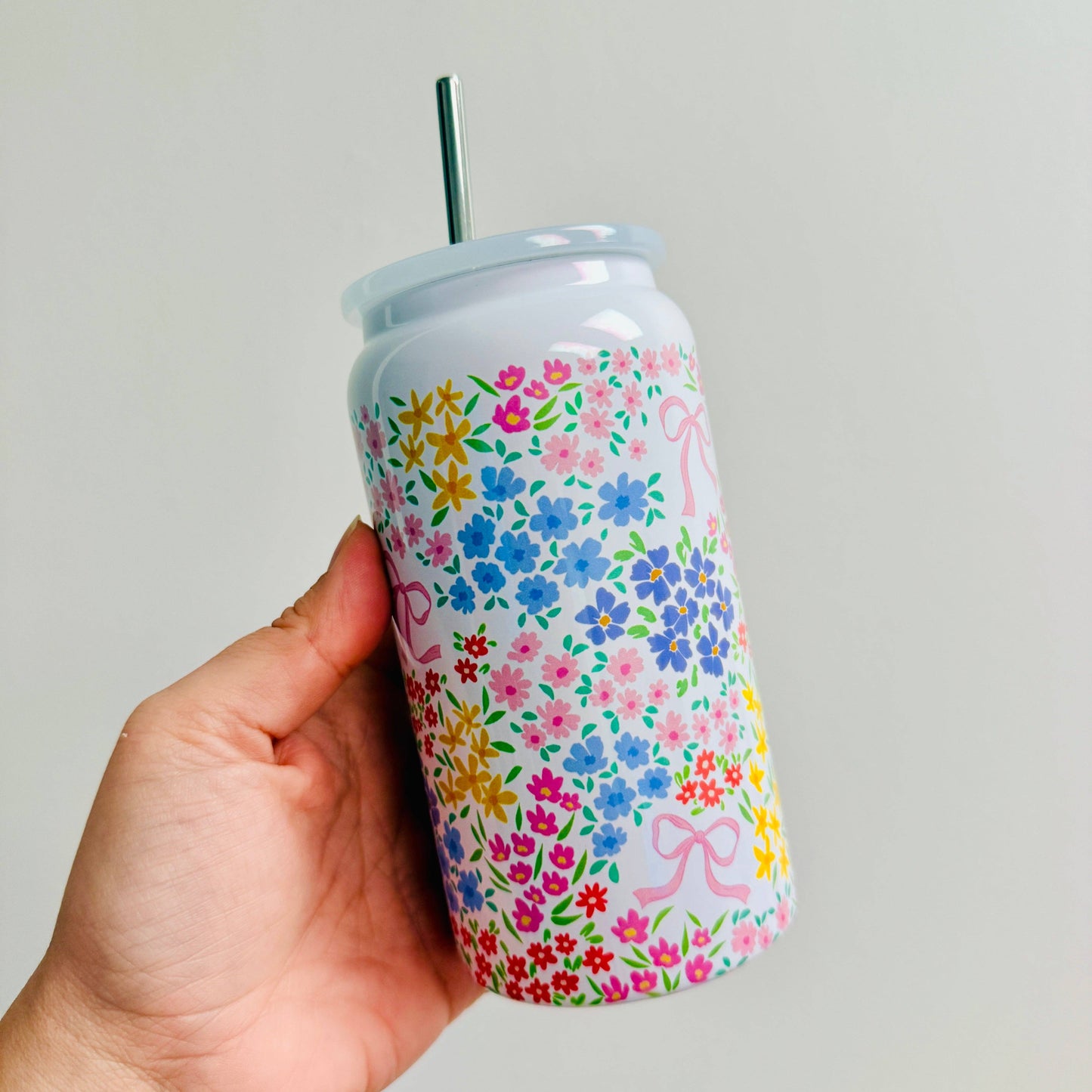 16 oz Stainless Steel Cup, Bows and Ditsy Floral Pattern