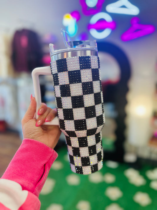 40 oz Black Check Sparkle Tumbler