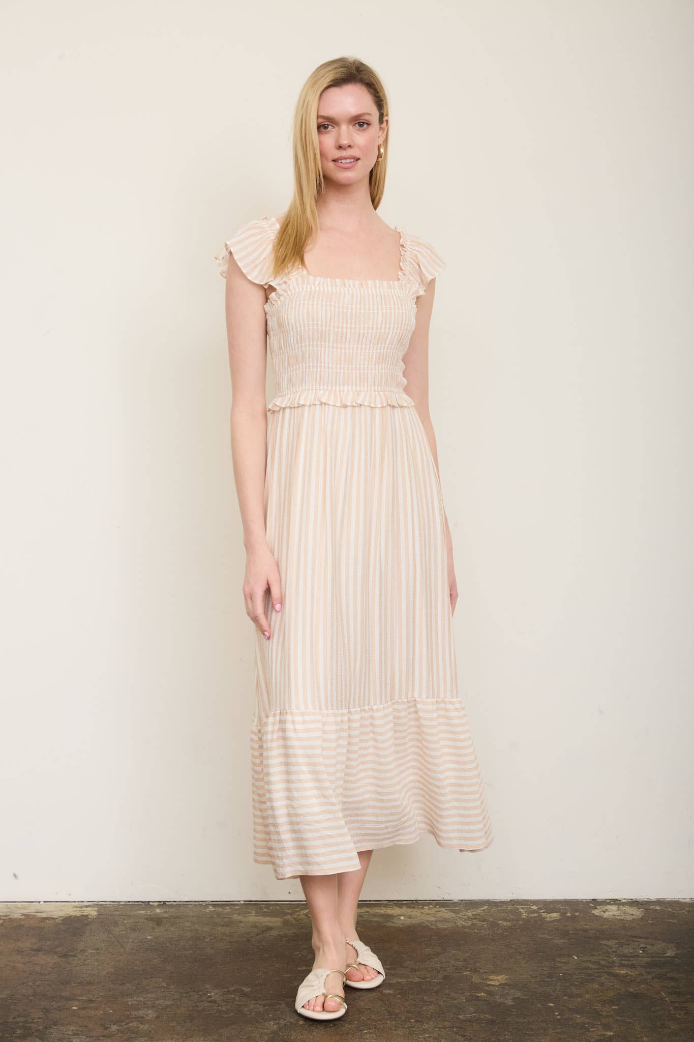PLUS STRIPE SMOCKED RUFFLE TRIM MIDI DRESS