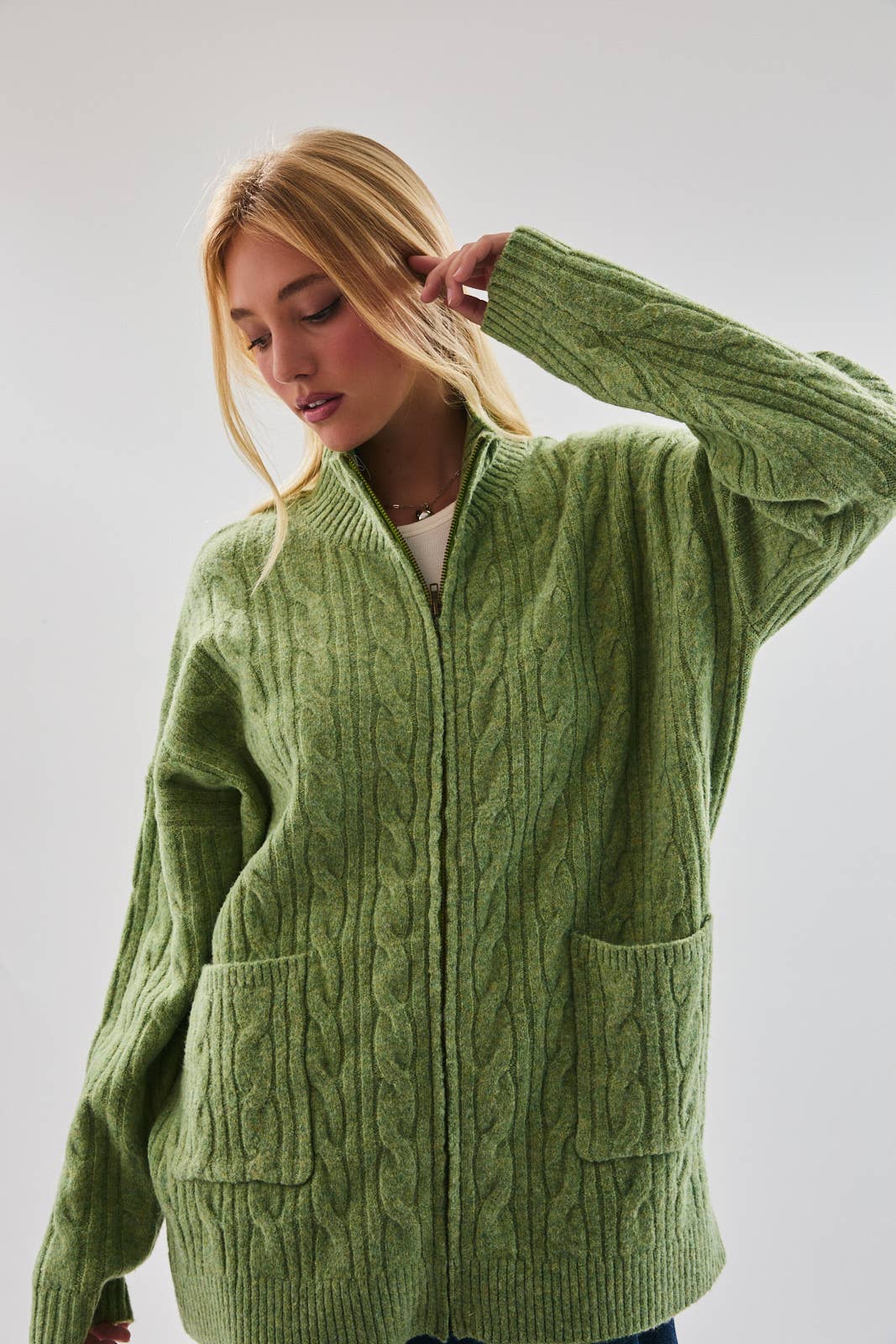 ZIPPER FRONT CABLE SWEATER JACKET