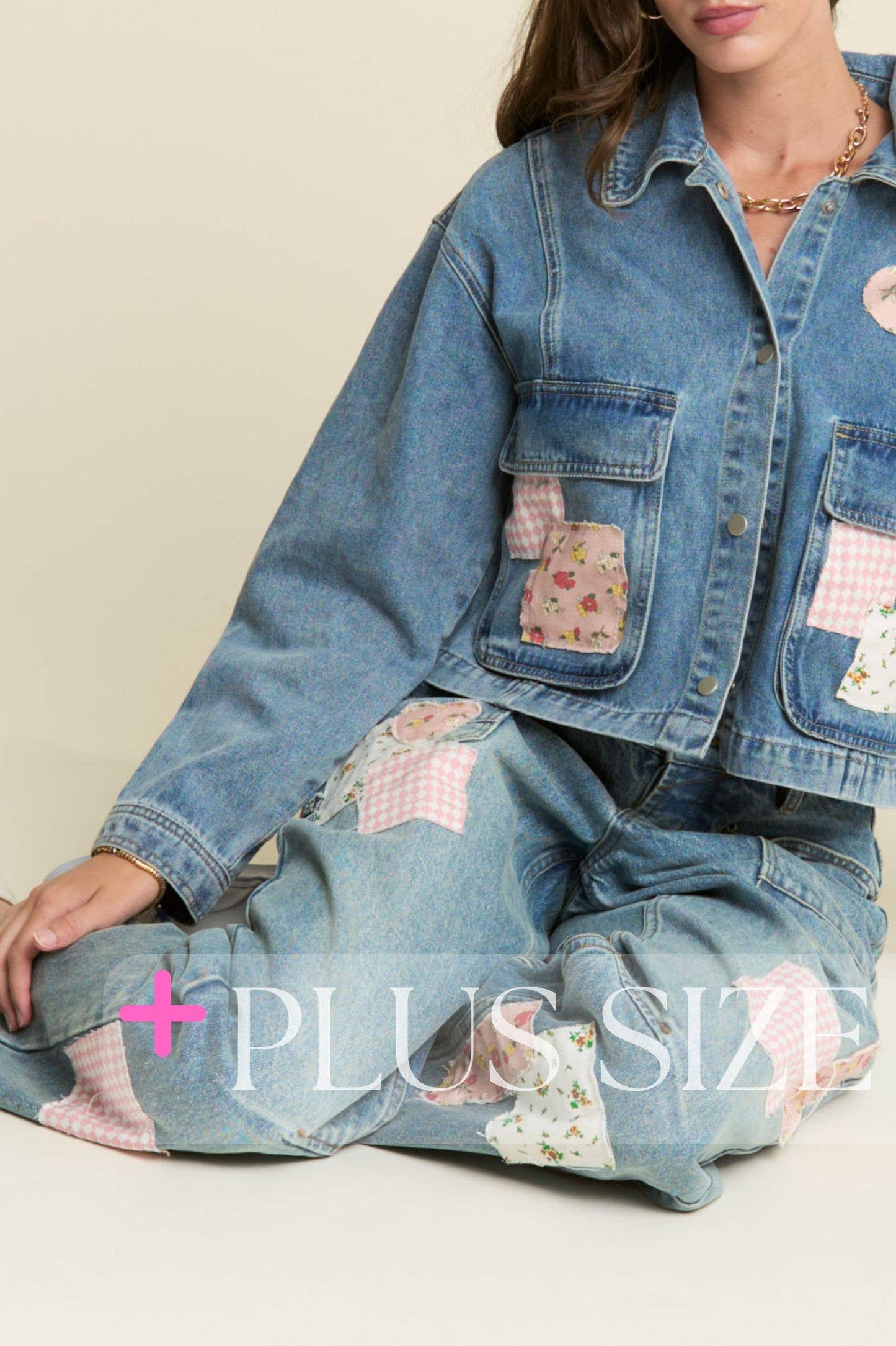 PLUS SIZE ~ MINERAL WASHED PATCHWORK JEANS