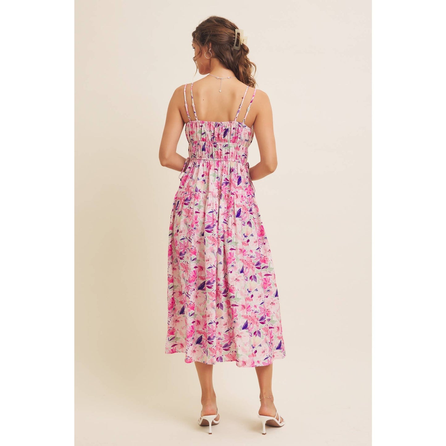 VIBRANT FLORAL PRINT RUCHING CAMI MIDI DRESS