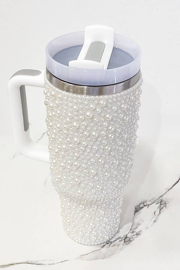 40 oz White Pearl Studded Tumbler