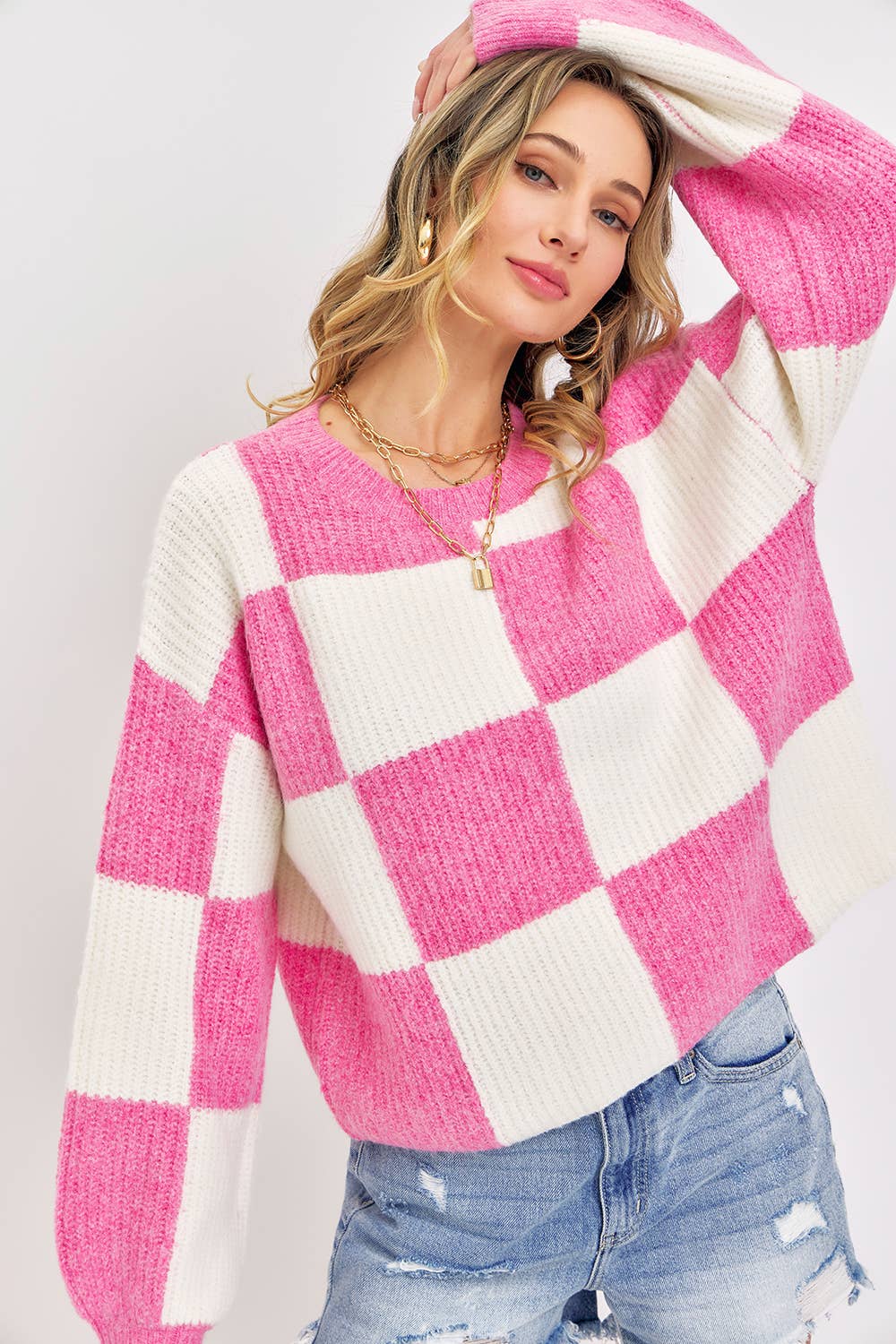 CASUAL SOFT COZY  RELAXED FIT CHECKER KNIT SWEATER: IVORY MOCHA / Contemporary / S
