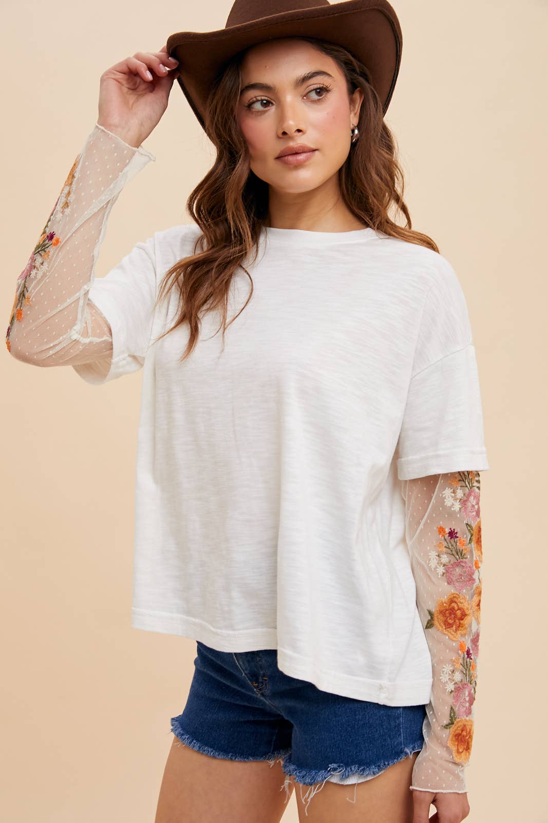 EMBROIDERED TWOFER SLEEVE TOP