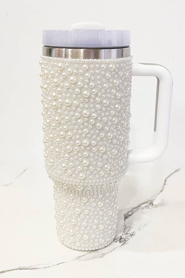 40 oz White Pearl Studded Tumbler