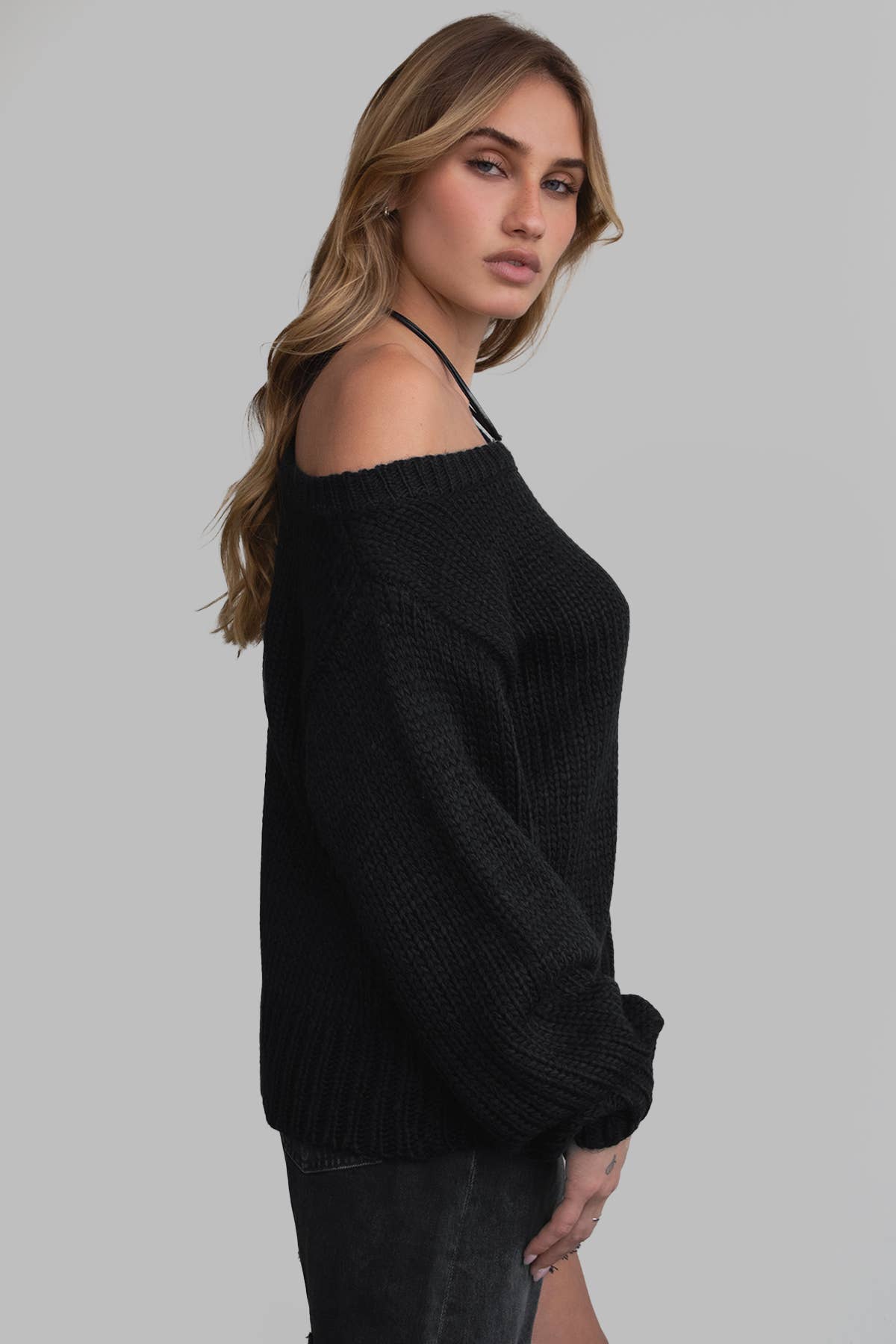 BRANDY Ribbed Knit Off The Shoulder Relaxed Sweater Cardigan