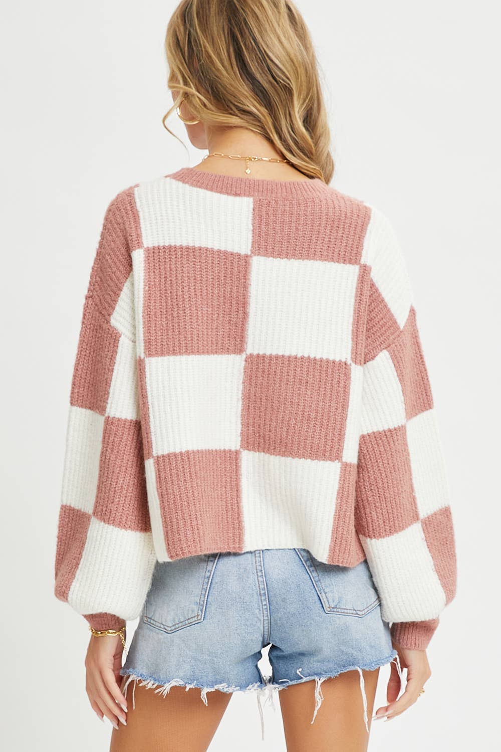 CASUAL SOFT COZY  RELAXED FIT CHECKER KNIT SWEATER: IVORY MOCHA / Contemporary / S