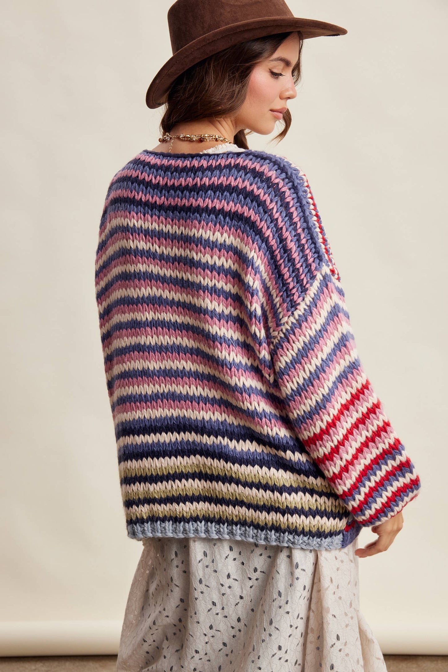 Chunky Multi Stripe Knit Cardigan LSW0731