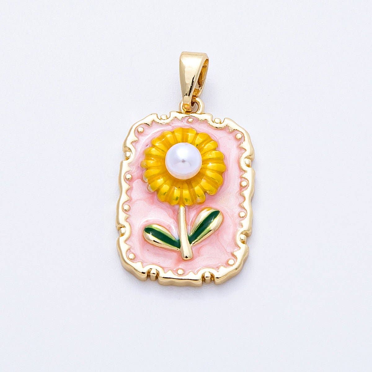 18K Gold Filled 21mm Sunflower Enamel Shell Pearl Rectangle Pendant | Charms-00149
