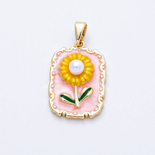 18K Gold Filled 21mm Sunflower Enamel Shell Pearl Rectangle Pendant | Charms-00149