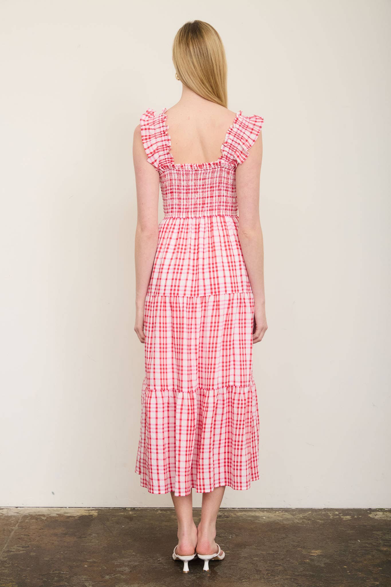 PLAID SMOCKED RUFFLE STRAP TIERED MIDI DRESS