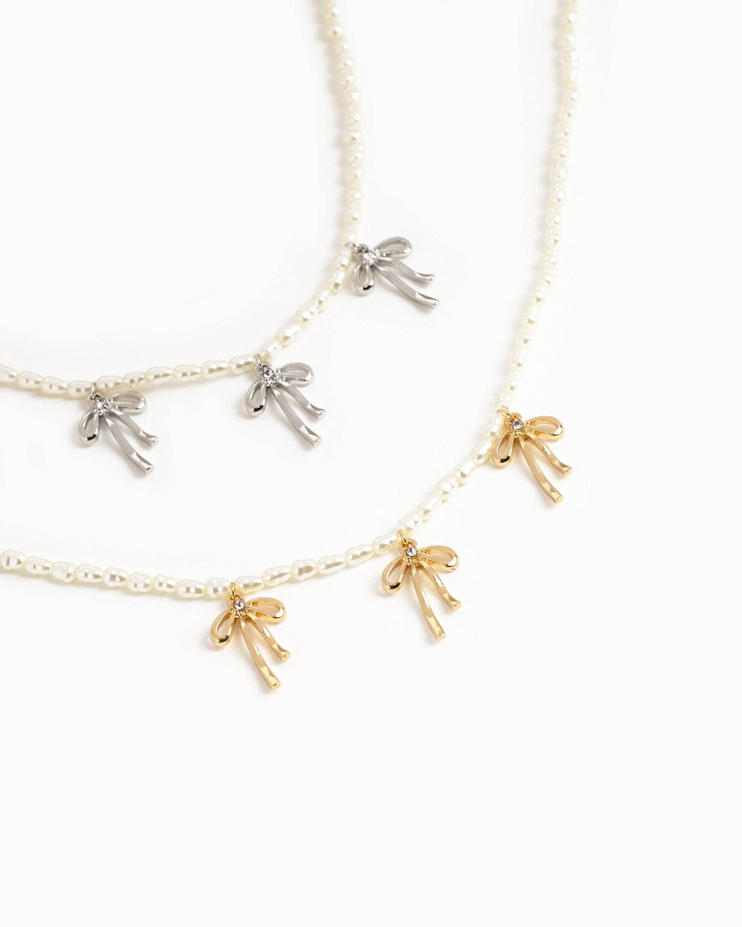 Triple Natural Bow Station Pendants Pearl Necklace