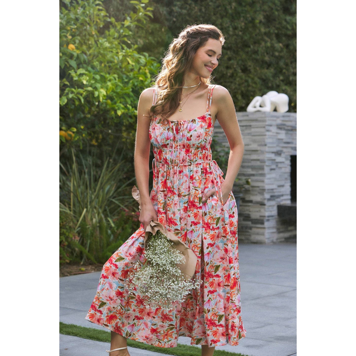 VIBRANT FLORAL PRINT RUCHING CAMI MIDI DRESS