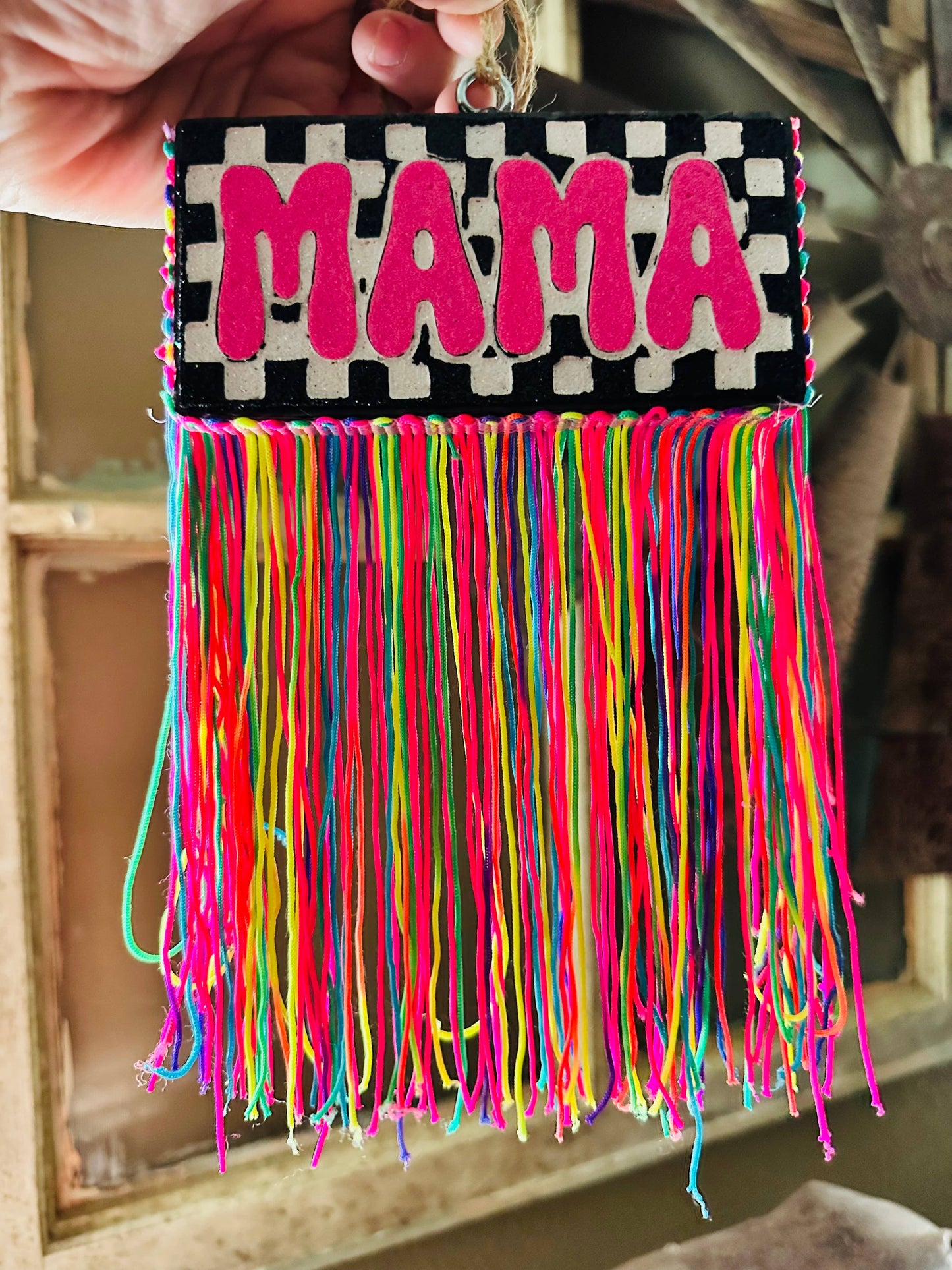 Checkered Mama Car Freshie w/ Fringe