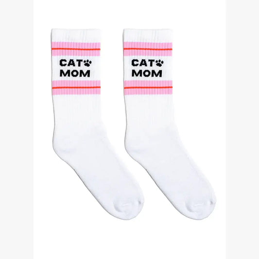 Classic Crew Socks w/ Ribbed Tubing - "Cat Mom" - White