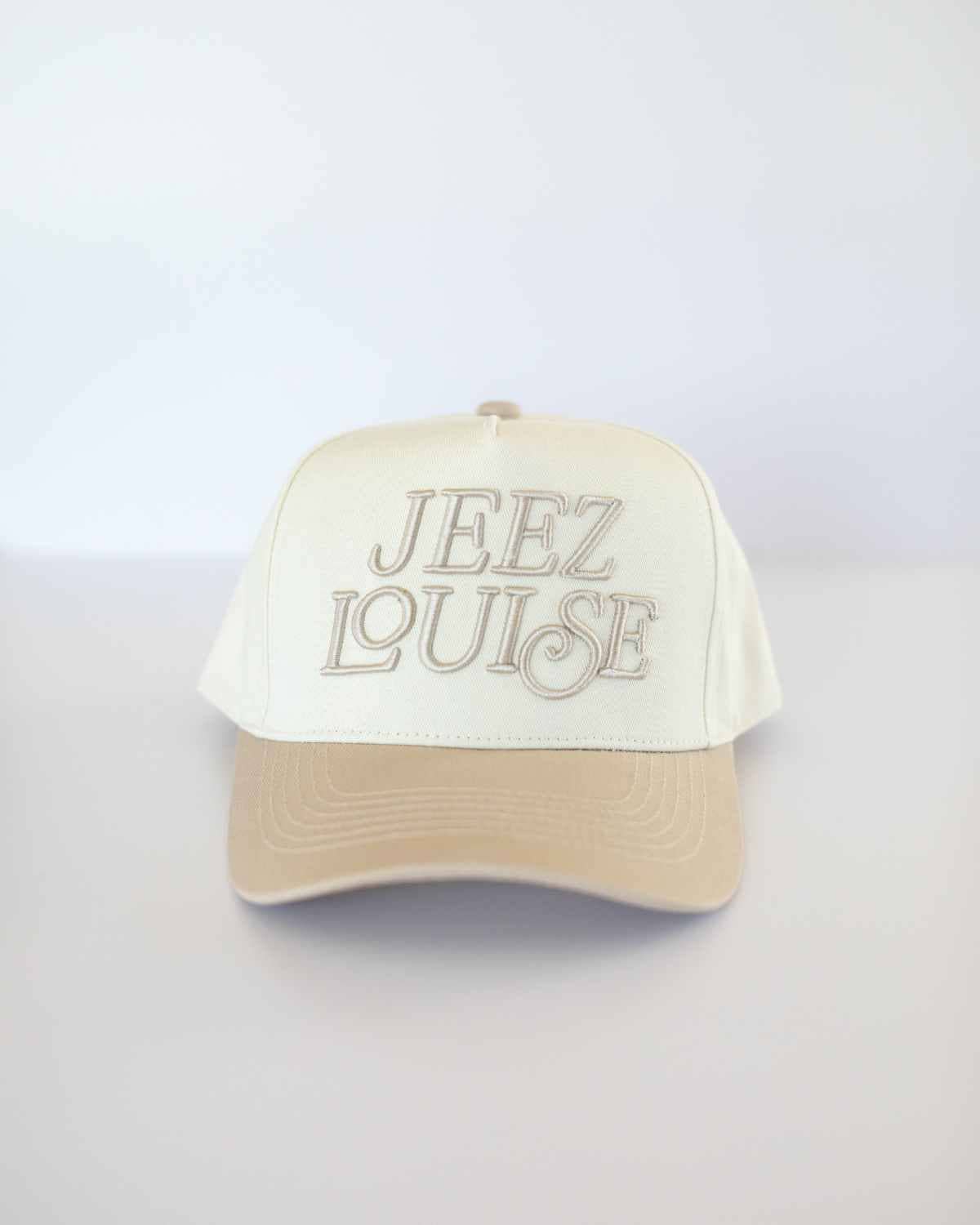 Jeez Louise Unisex Trucker Hat - Khaki & Cream