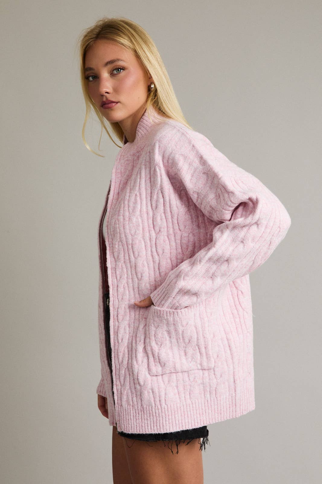 ZIPPER FRONT CABLE SWEATER JACKET