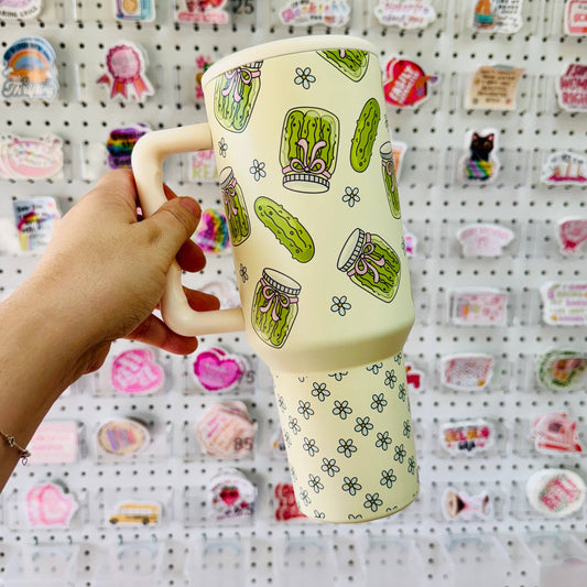 40oz Tumbler with Lid and Straw, Pickle Girly on Cream