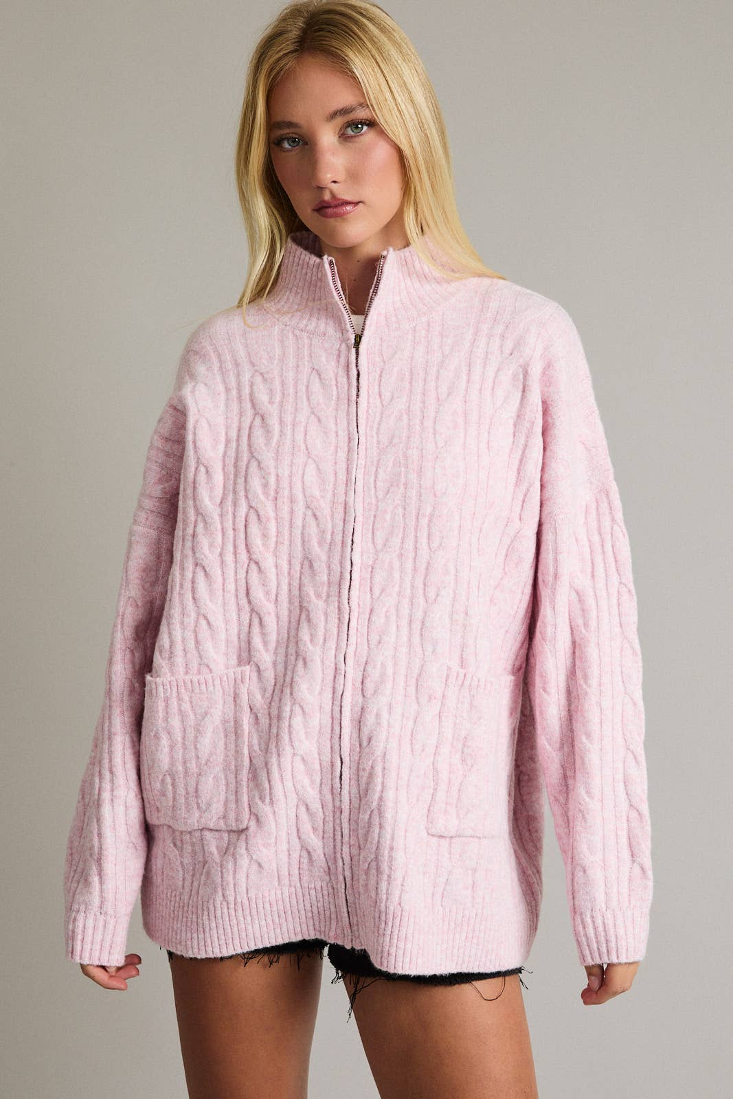 ZIPPER FRONT CABLE SWEATER JACKET