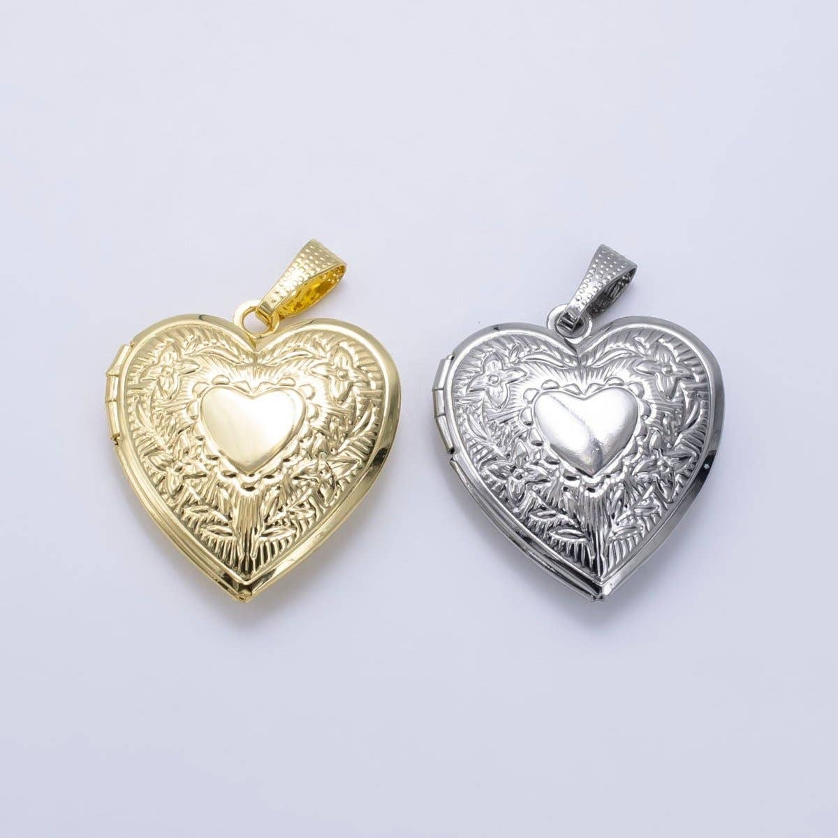 14K Gold Filled Engraved Flower Leaf Sunburst Heart Locket Pendant in Gold & Silver | H049
