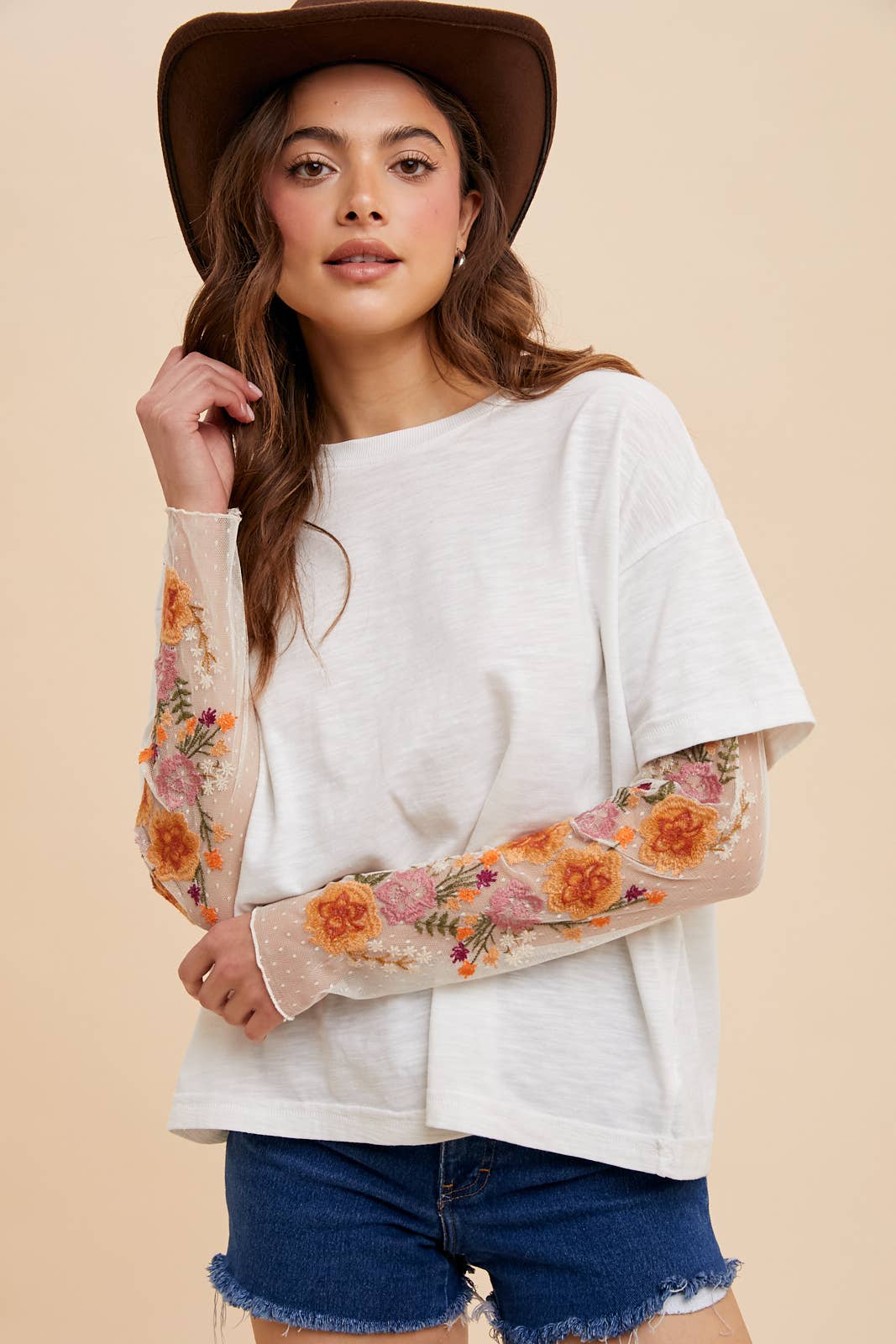 EMBROIDERED TWOFER SLEEVE TOP