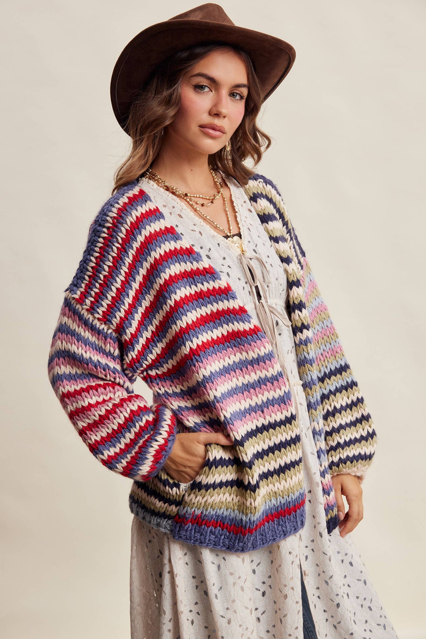 Chunky Multi Stripe Knit Cardigan LSW0731