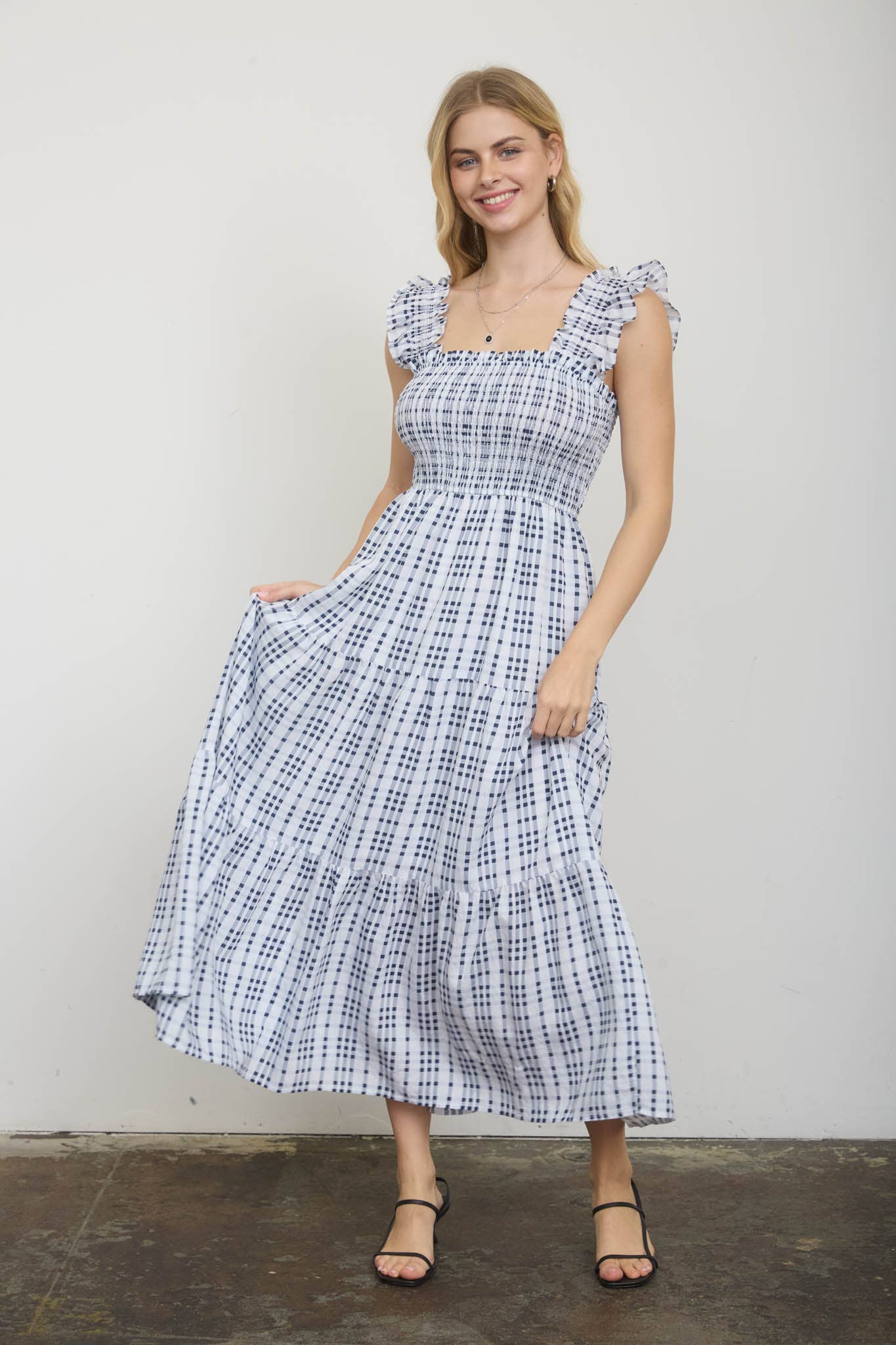 PLAID SMOCKED RUFFLE STRAP TIERED MIDI DRESS
