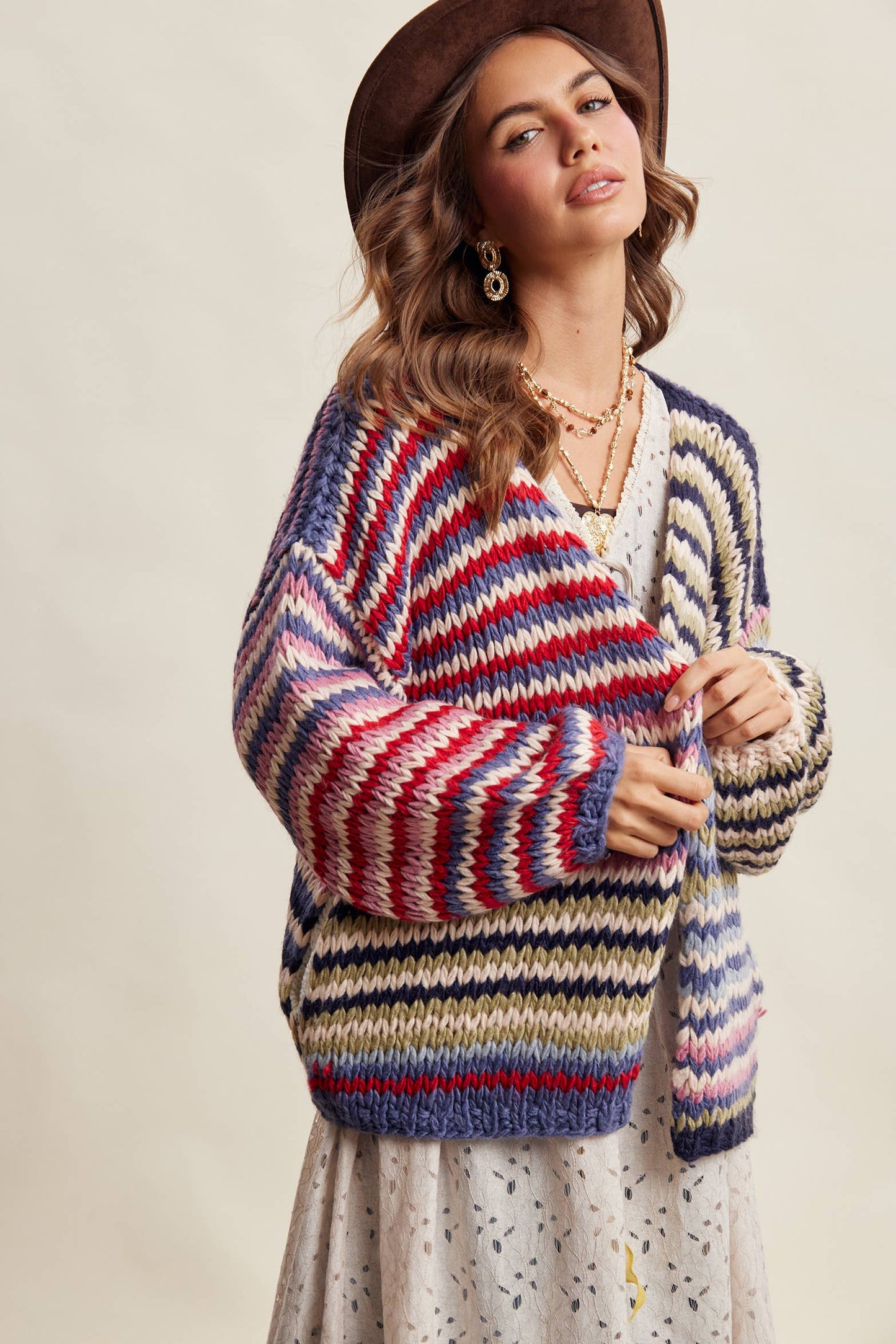 Chunky Multi Stripe Knit Cardigan LSW0731