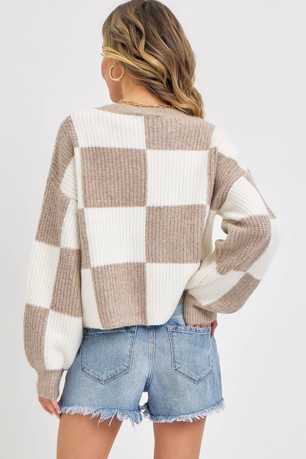 CASUAL SOFT COZY  RELAXED FIT CHECKER KNIT SWEATER: IVORY MOCHA / Contemporary / S