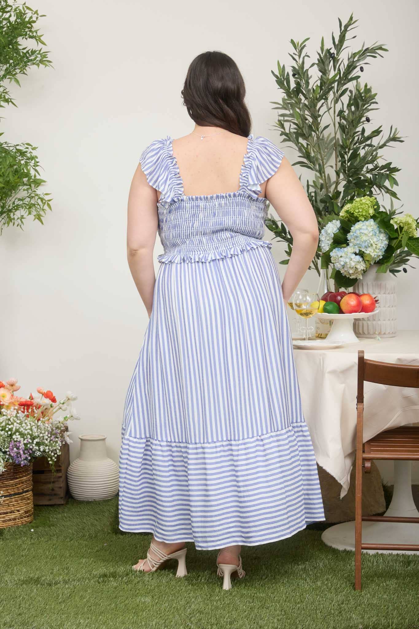 PLUS STRIPE SMOCKED RUFFLE TRIM MIDI DRESS