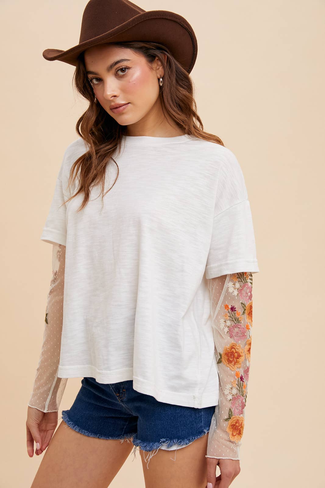 EMBROIDERED TWOFER SLEEVE TOP