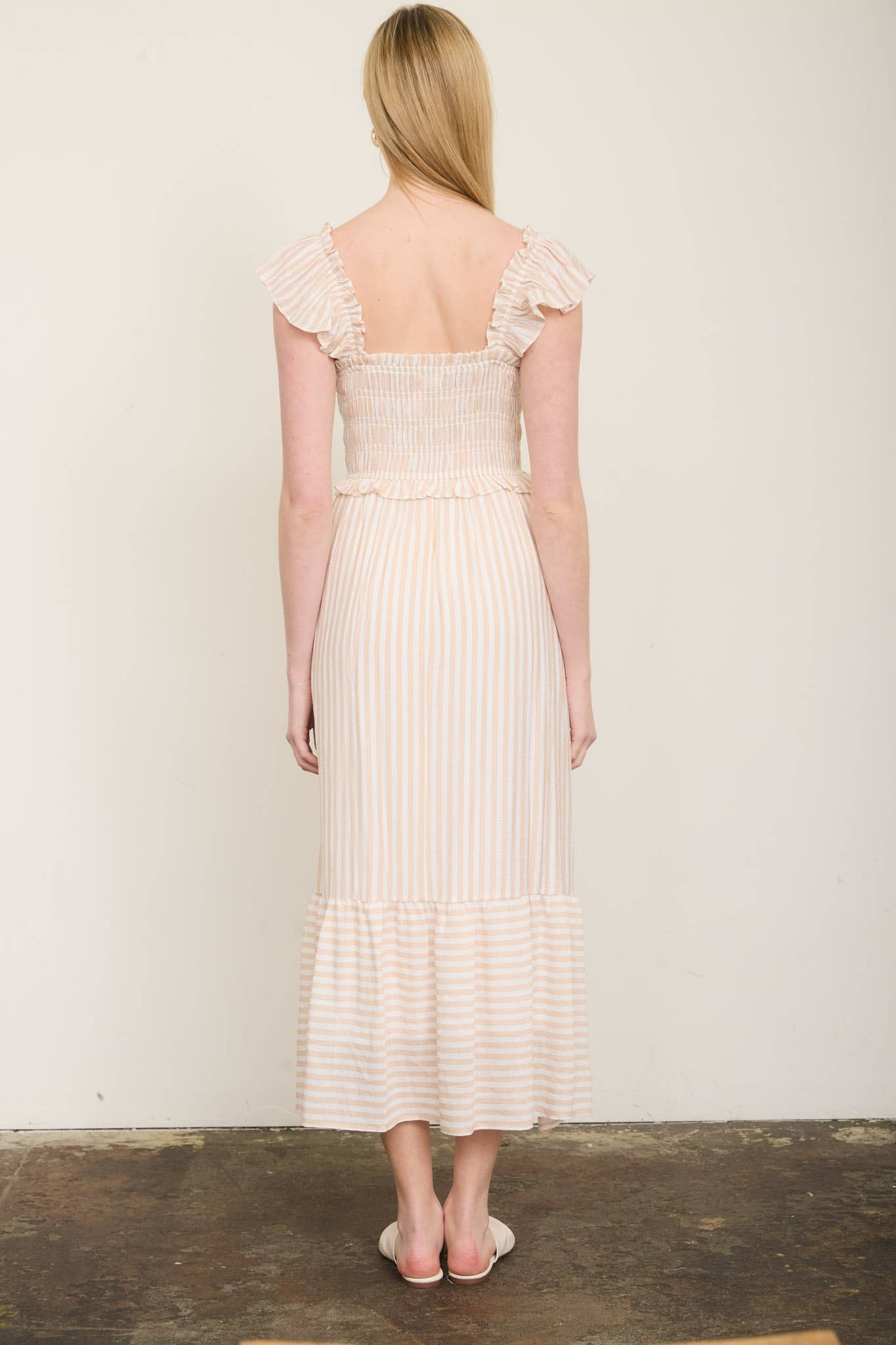 PLUS STRIPE SMOCKED RUFFLE TRIM MIDI DRESS