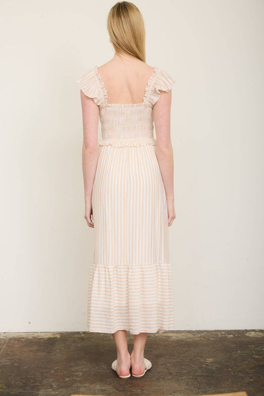 PLUS STRIPE SMOCKED RUFFLE TRIM MIDI DRESS