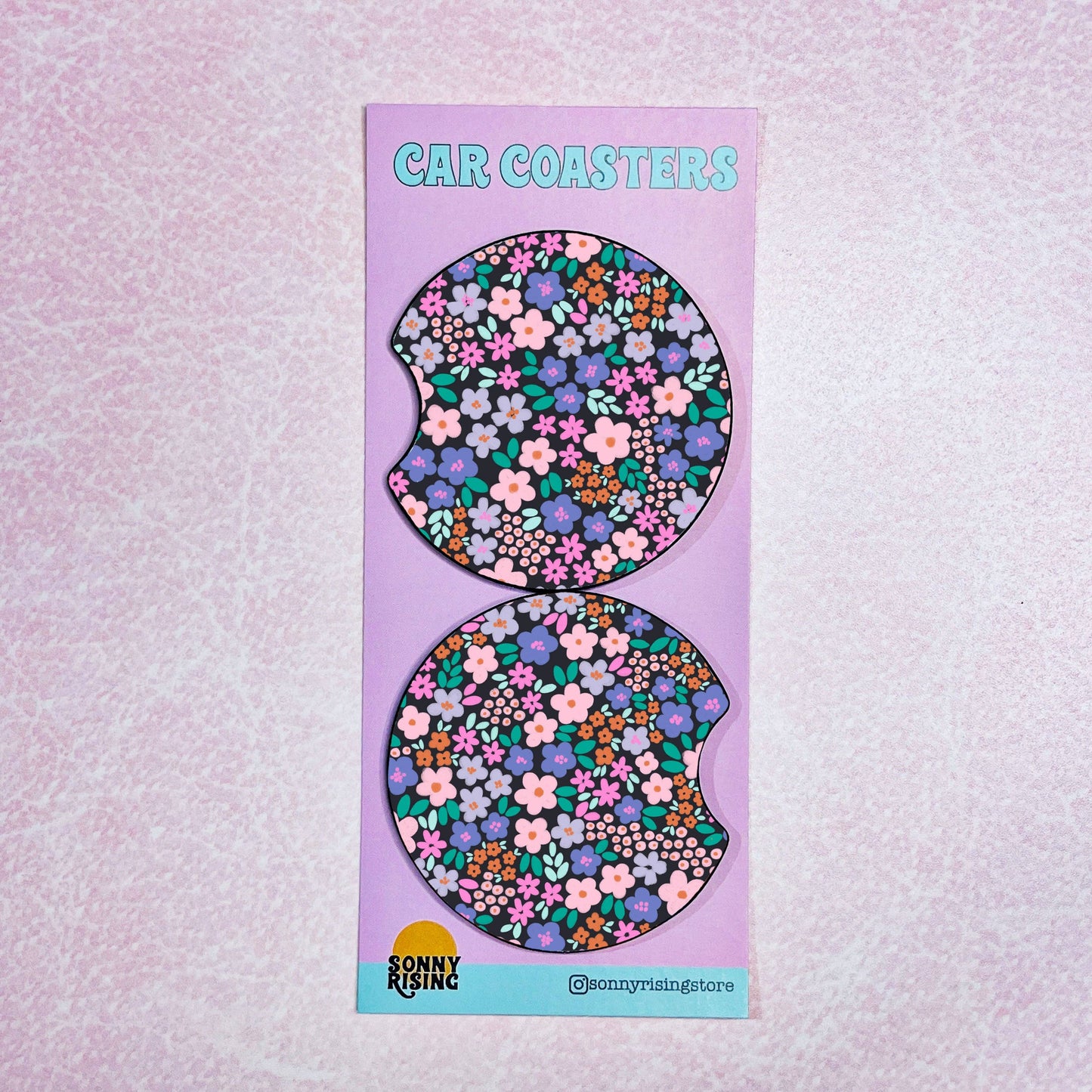 2 Car Coasters, Dark Ditsy Floral Pattern