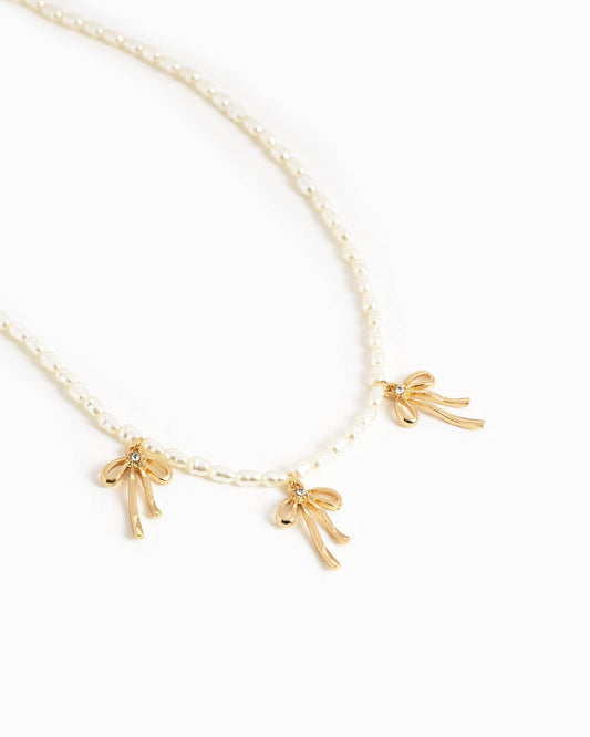 Triple Natural Bow Station Pendants Pearl Necklace